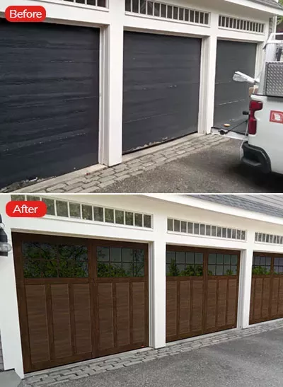 Before and after photos of installed garage doors